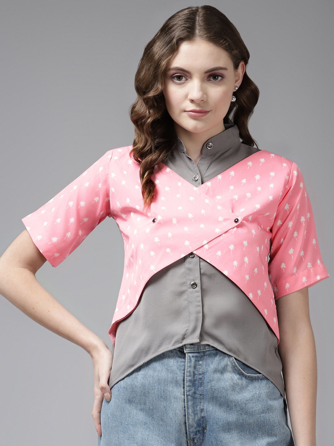 

Aarika Pink & Grey Printed & Colourblocked Shirt Style Top