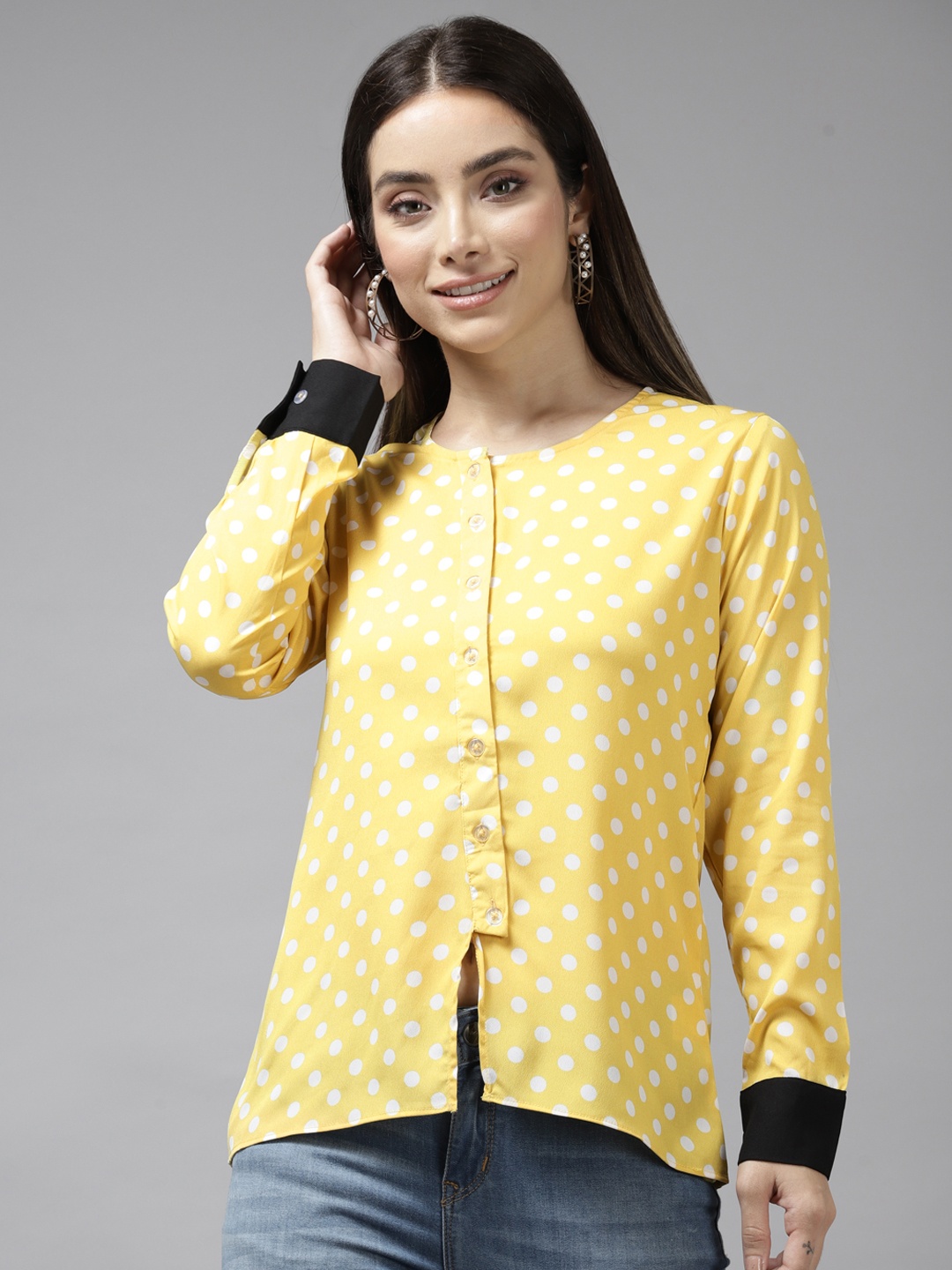 

Aarika Yellow & White Polka Print Shirt Style Top