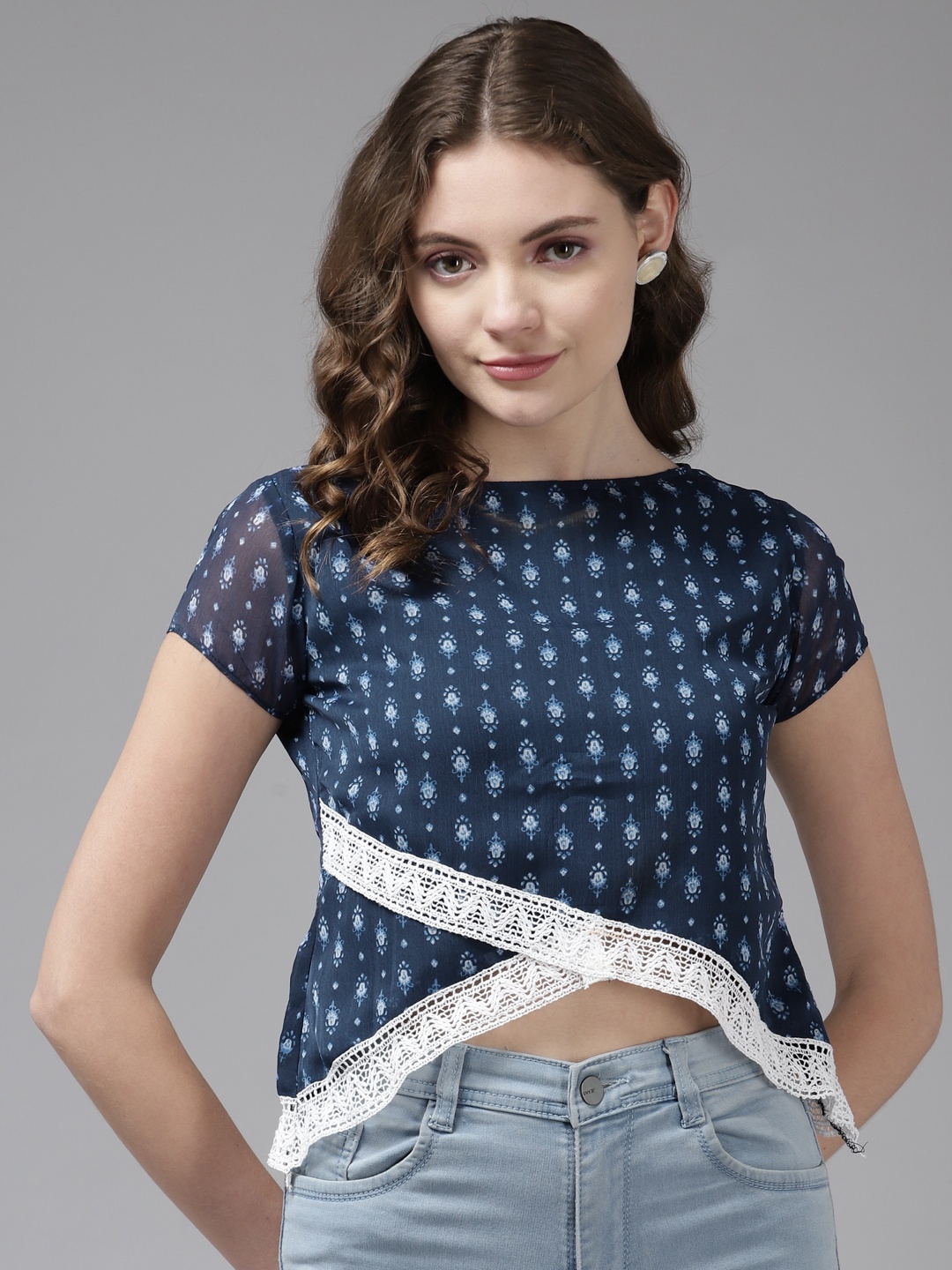 

Aarika Navy Blue Print Layered Georgette Crop Top