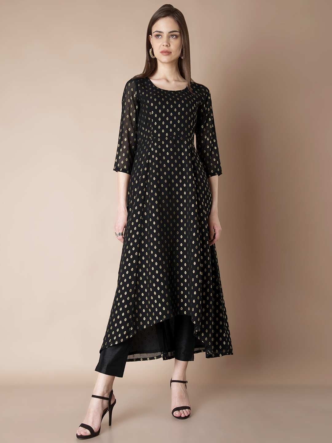 

INDYA Women Black Printed Anarkali Kurta