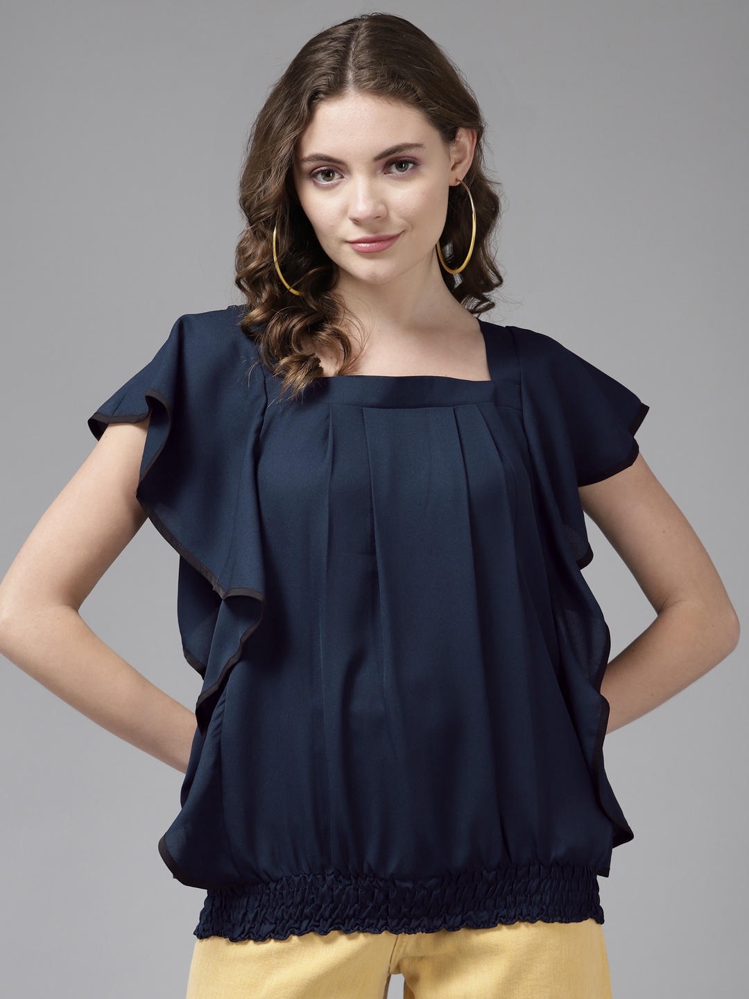 

Aarika Navy Blue Solid Pleated Blouson Top