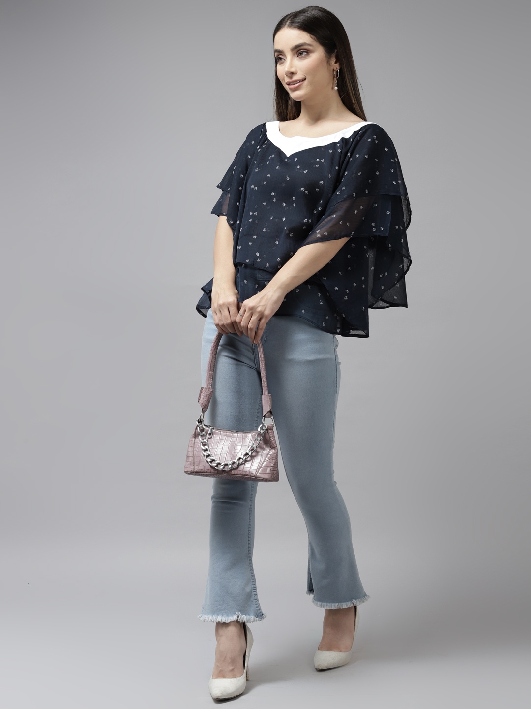 

Aarika Women Navy Blue & White Floral Print Layered Kaftan Top