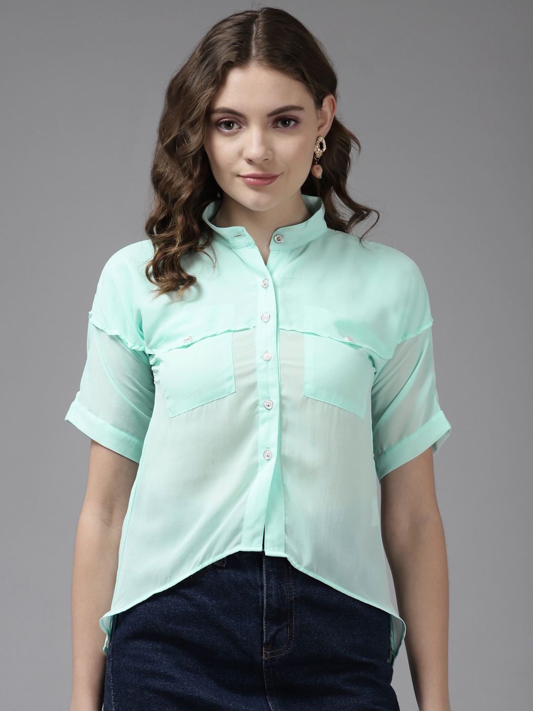 

Aarika Mint Green Solid Shirt Style Top
