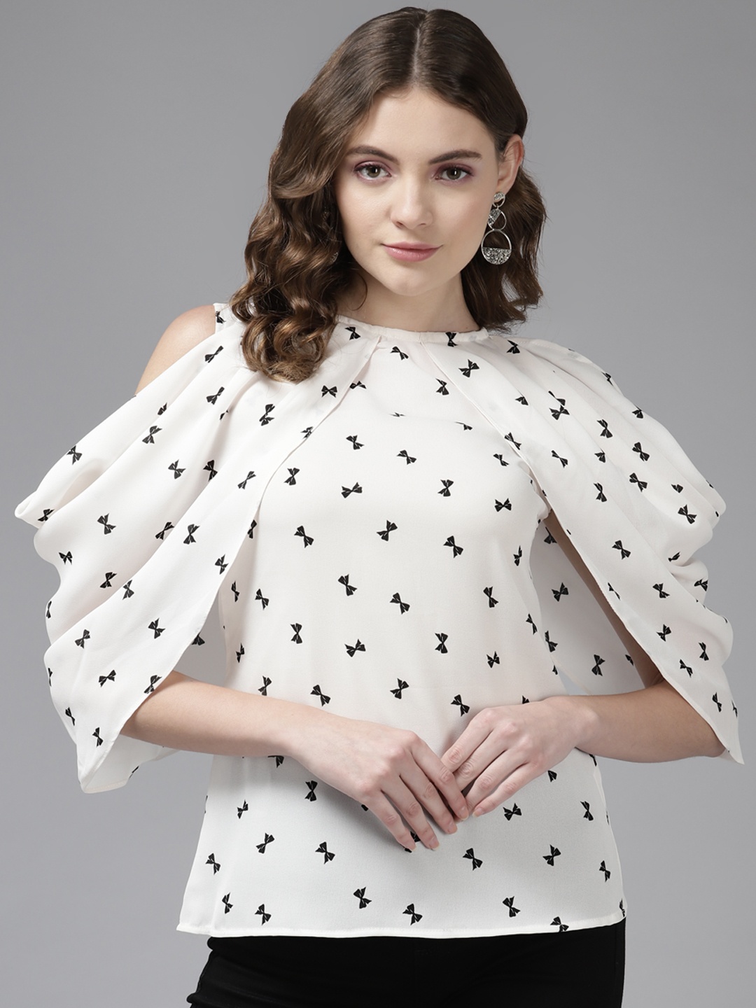 

Aarika White & Black Bow Print Top