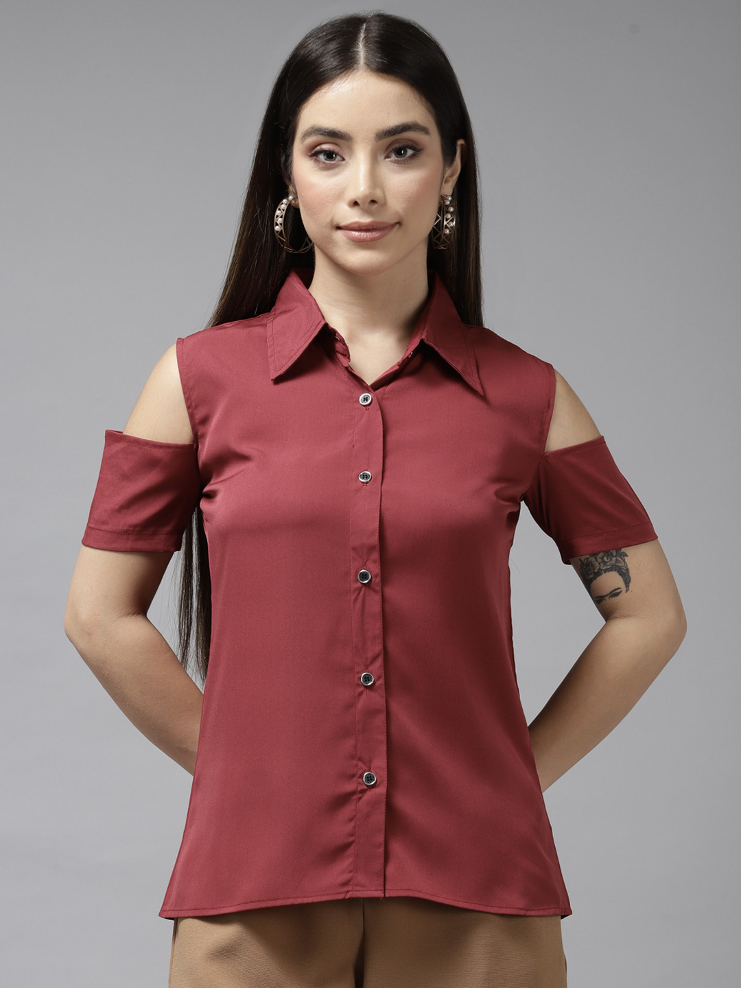 

Aarika Maroon Solid Shirt Style Top