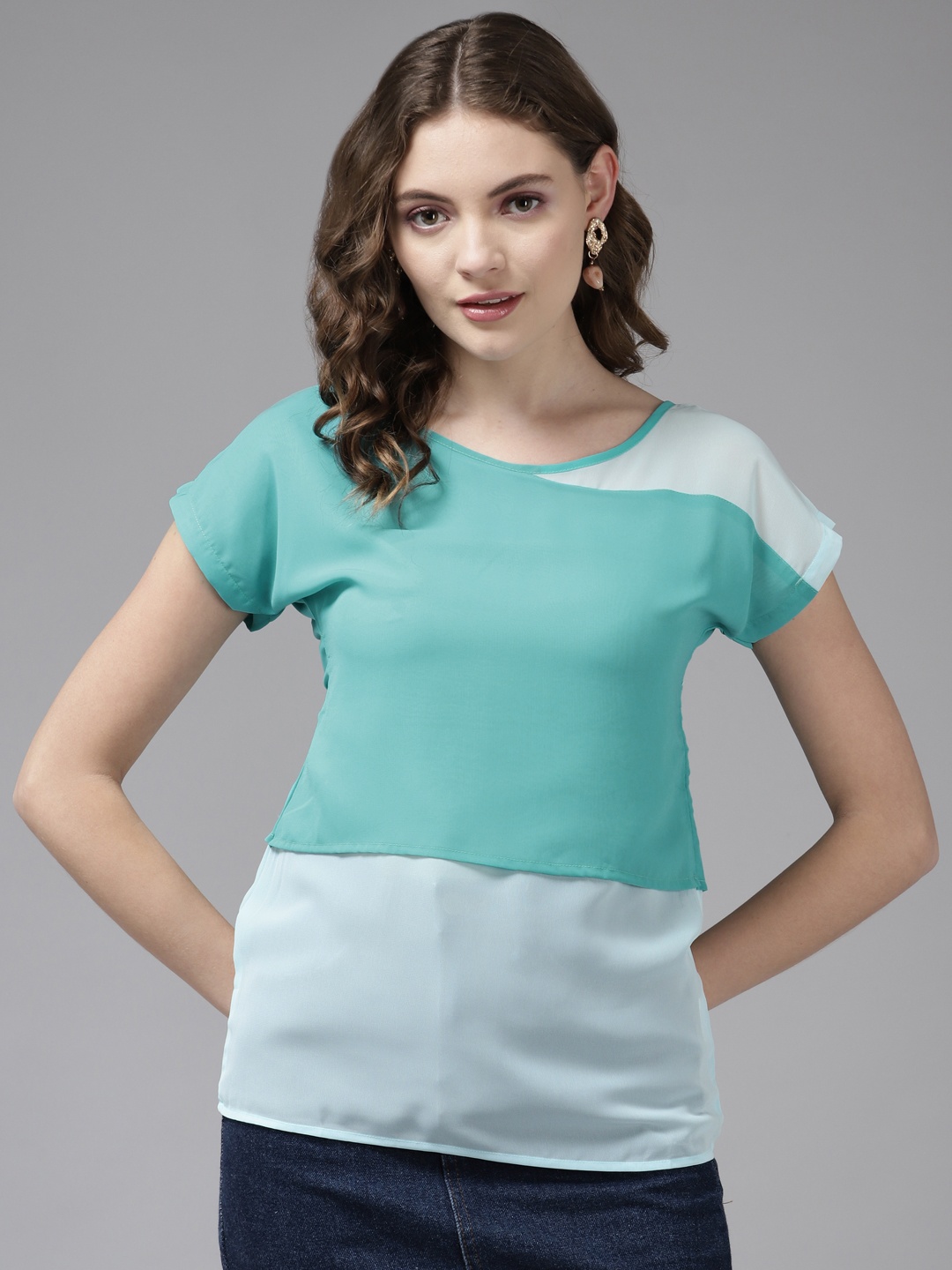 

Aarika Turquoise Blue Colourblocked Layered Georgette Top