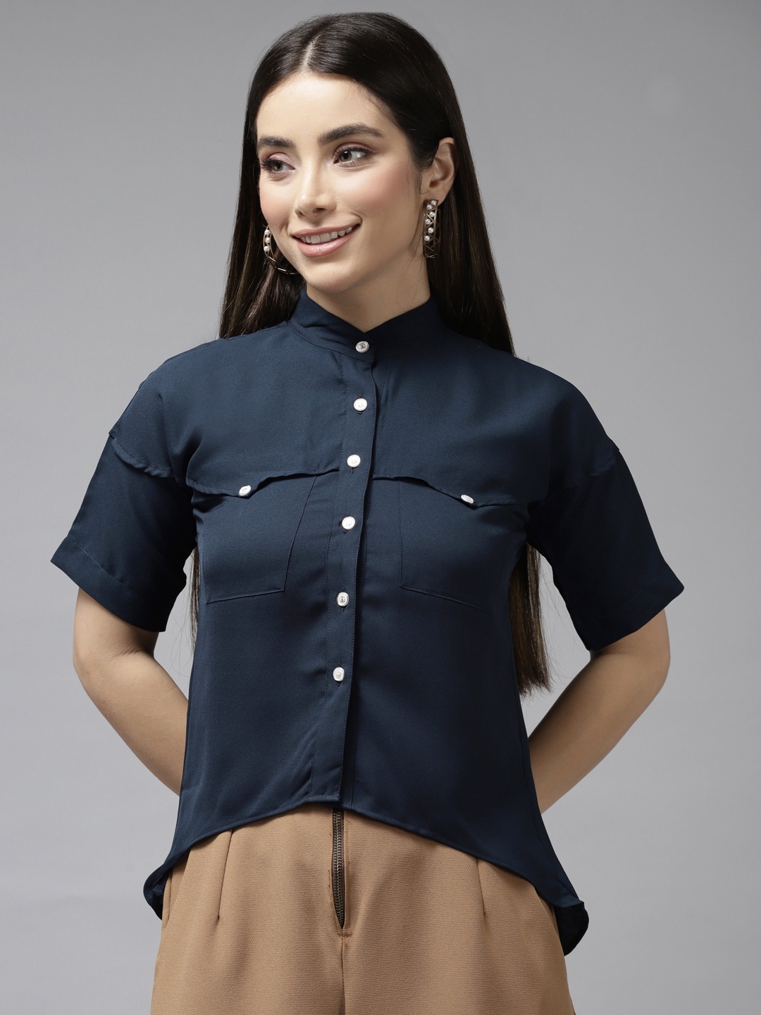 

Aarika Navy Blue Mandarin Collar Indigo Georgette Shirt Style Top