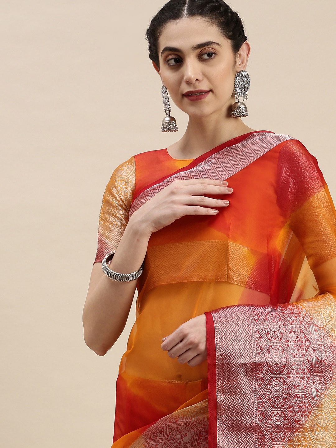 

AA-HA Yellow & Red Tie and Dye Zari Organza Saree
