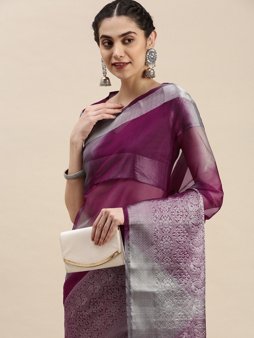 

AA-HA Purple & Grey Tie and Dye Zari Organza Saree