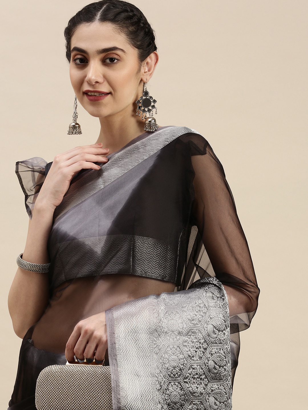 

AA-HA Black & Grey Tie and Dye Zari Organza Saree