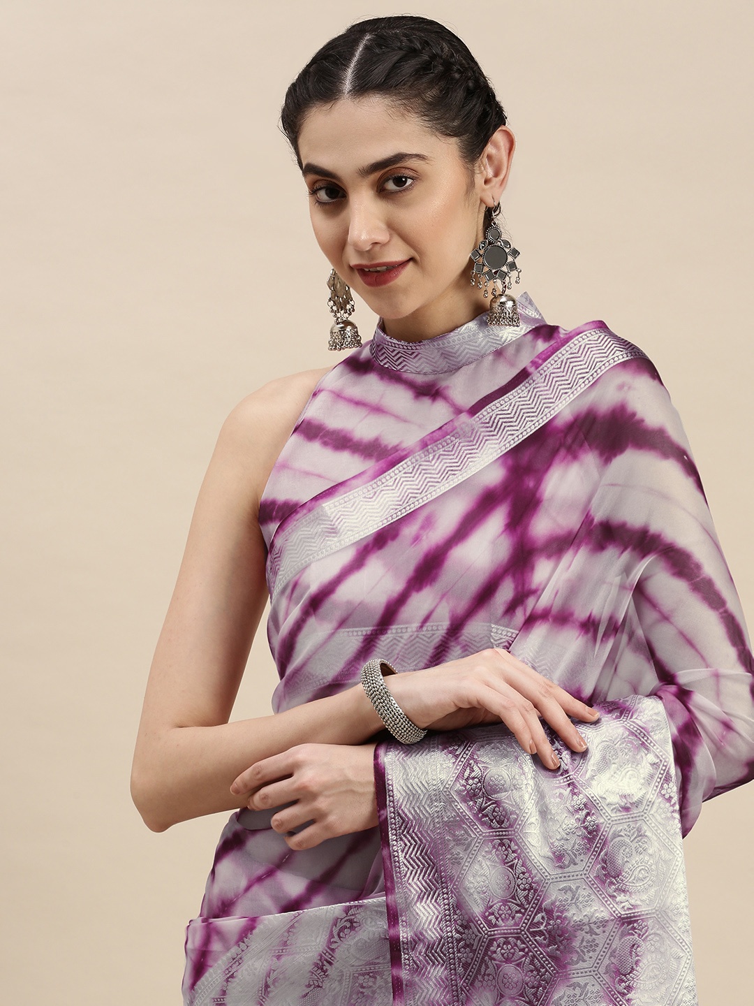 

AA-HA Purple & White Tie and Dye Zari Organza Saree