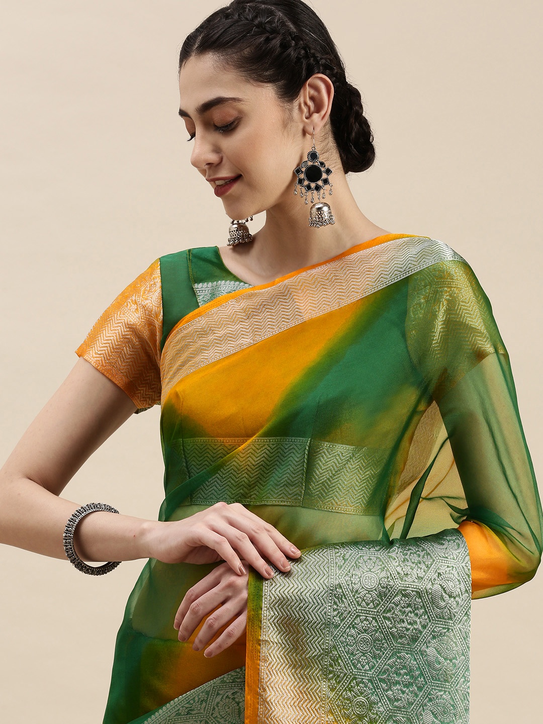 

AA-HA Mustard Yellow & Green Tie and Dye Zari Organza Saree