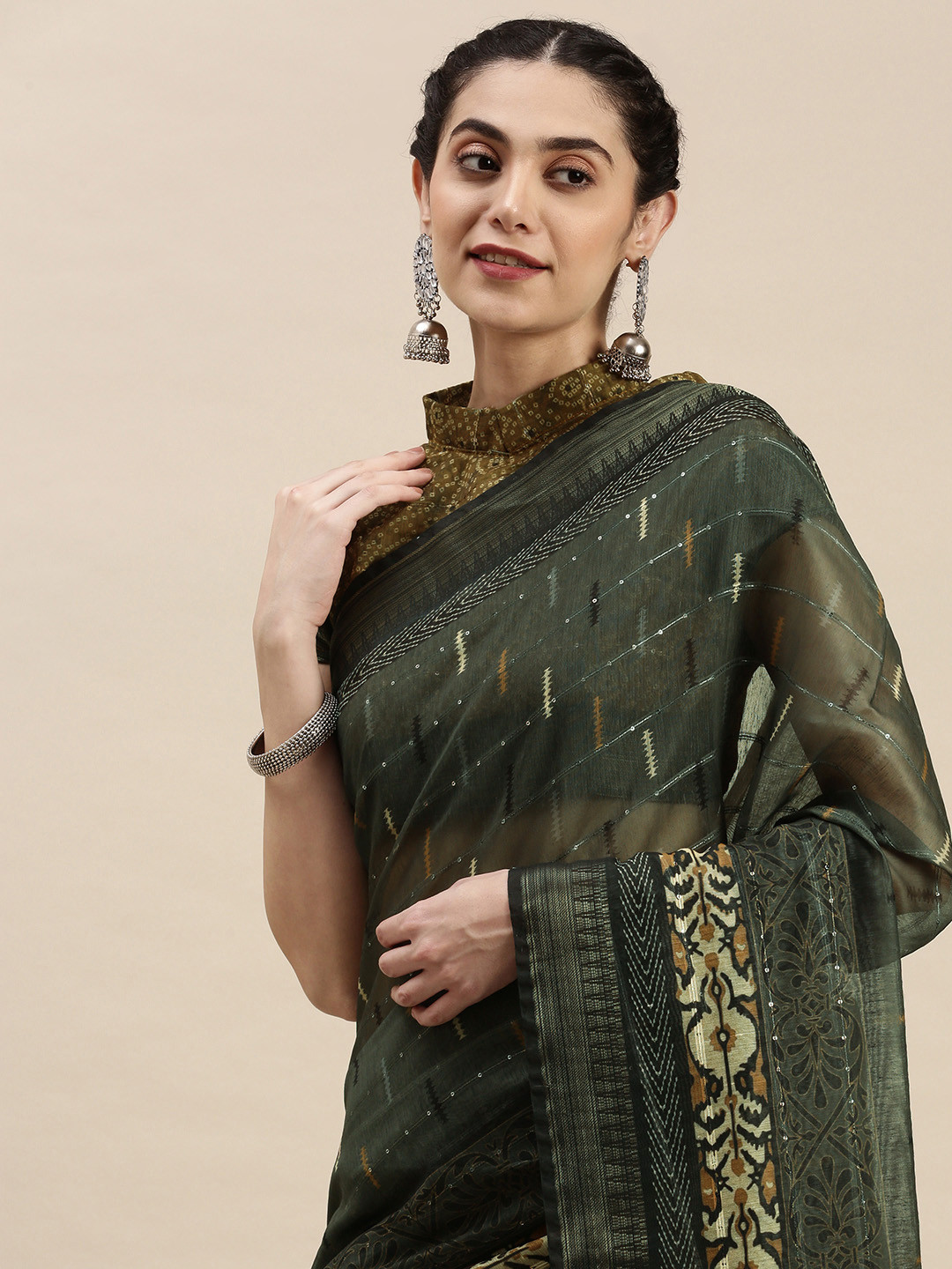 

AA-HA Olive Green Woven Design Zari Saree