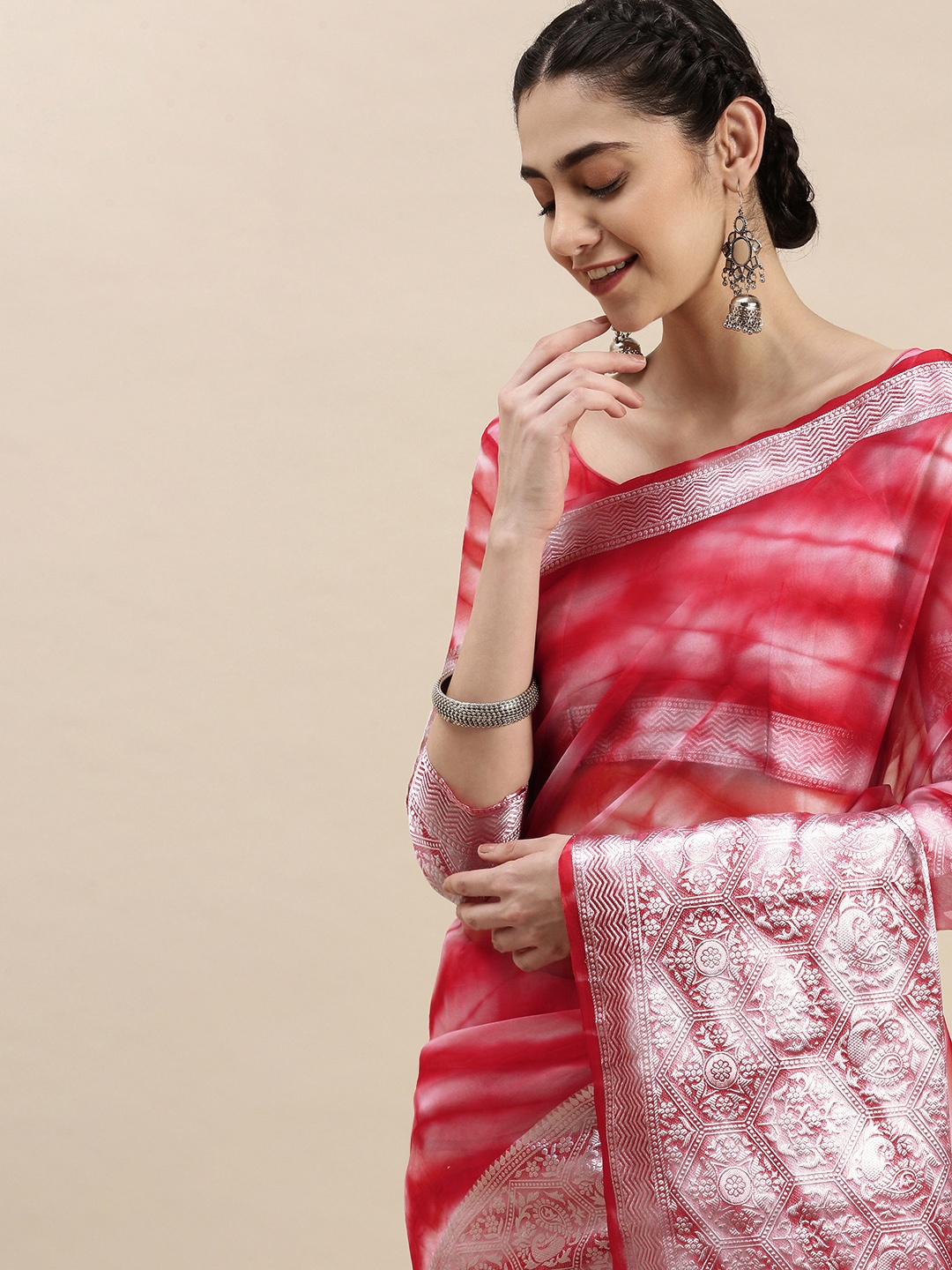 

AA-HA Red & White Tie and Dye Zari Organza Saree