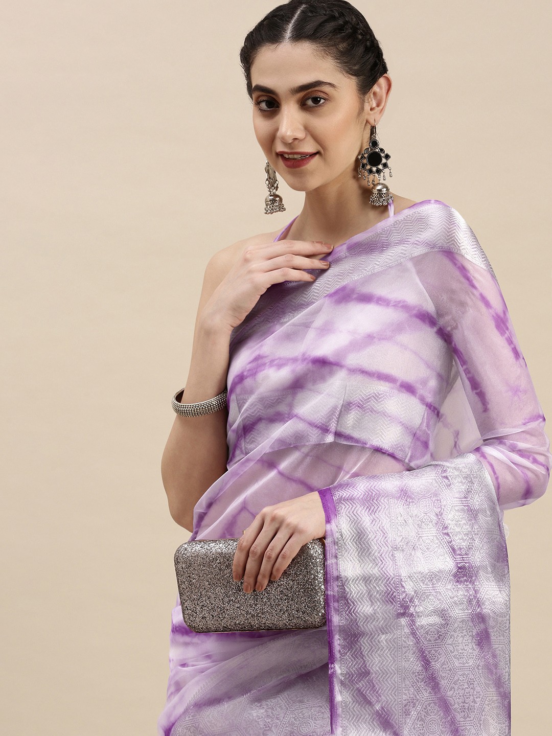 

AA-HA Silver & White Tie and Dye Zari Organza Saree
