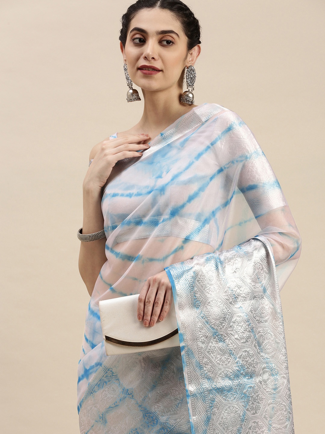 

AA-HA Blue & White Tie and Dye Zari Organza Saree