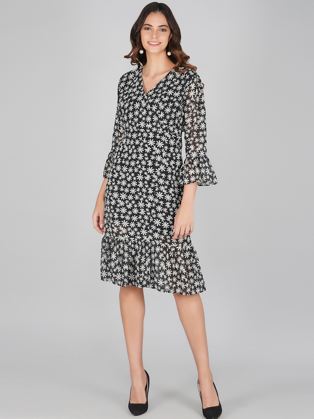 

ARPORA Women Black & White Floral Georgette A-Line Dress