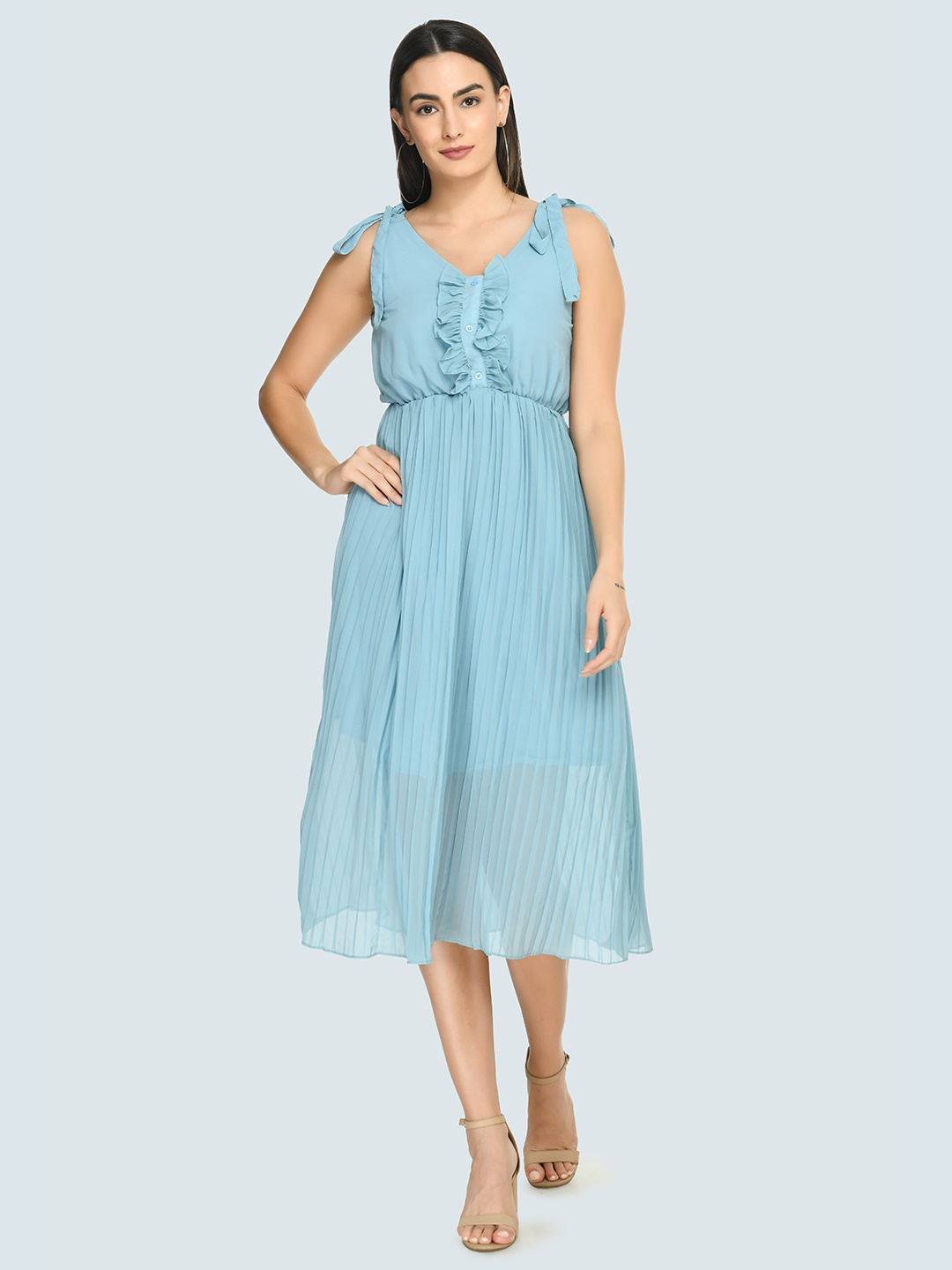 

ARPORA Women Blue Midi Dress Tie-Up Shoulders
