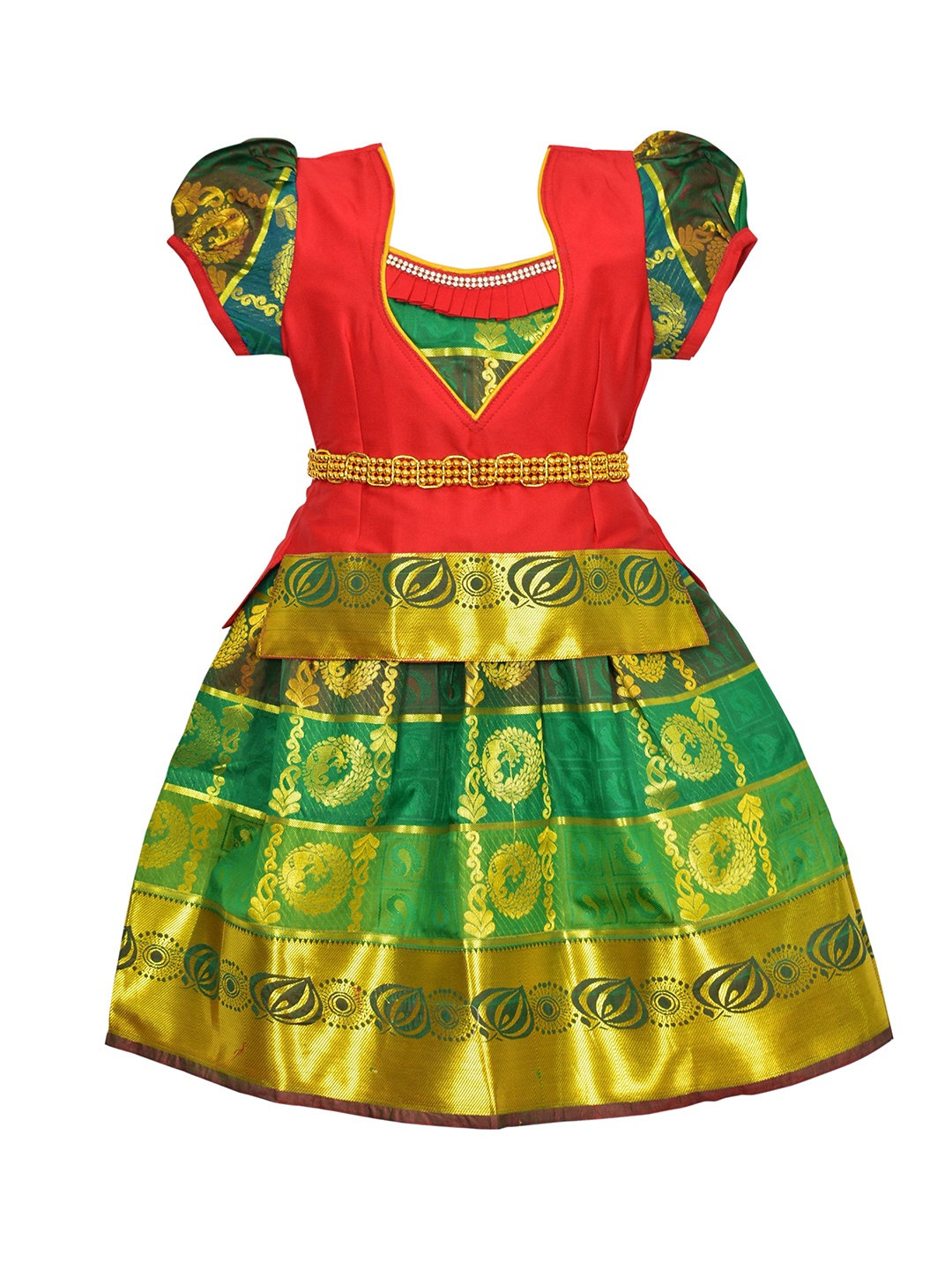 

AMIRTHA FASHION Girls Red & Green Thread Work Ready to Wear Lehenga