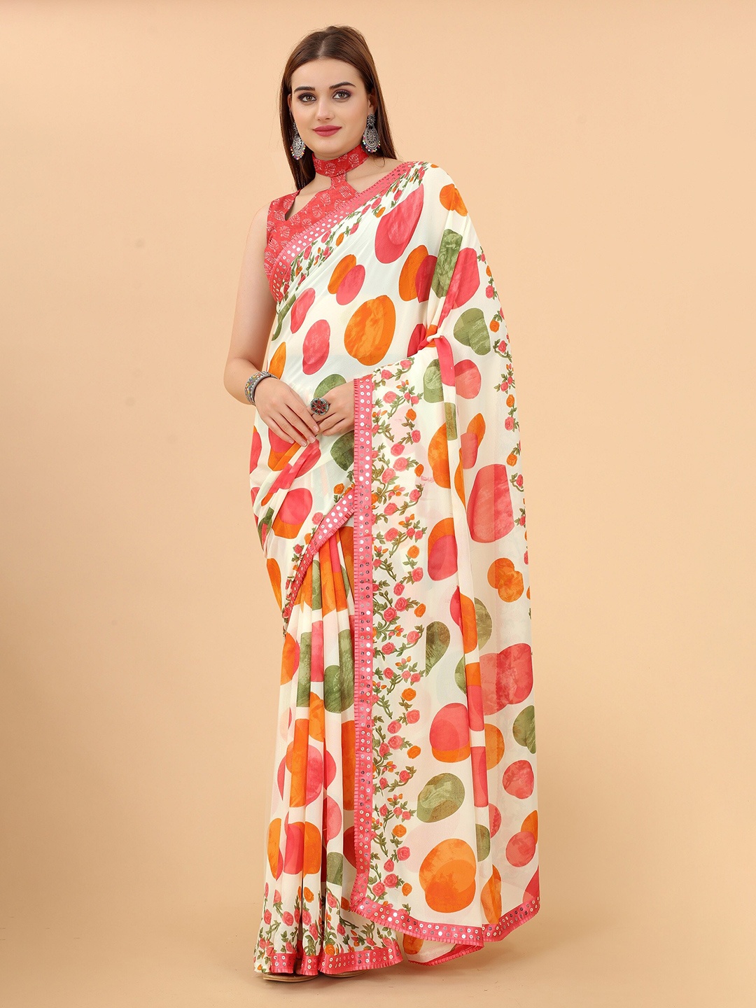 

FASHDEAL Pink & Green Floral Pure Georgette Saree