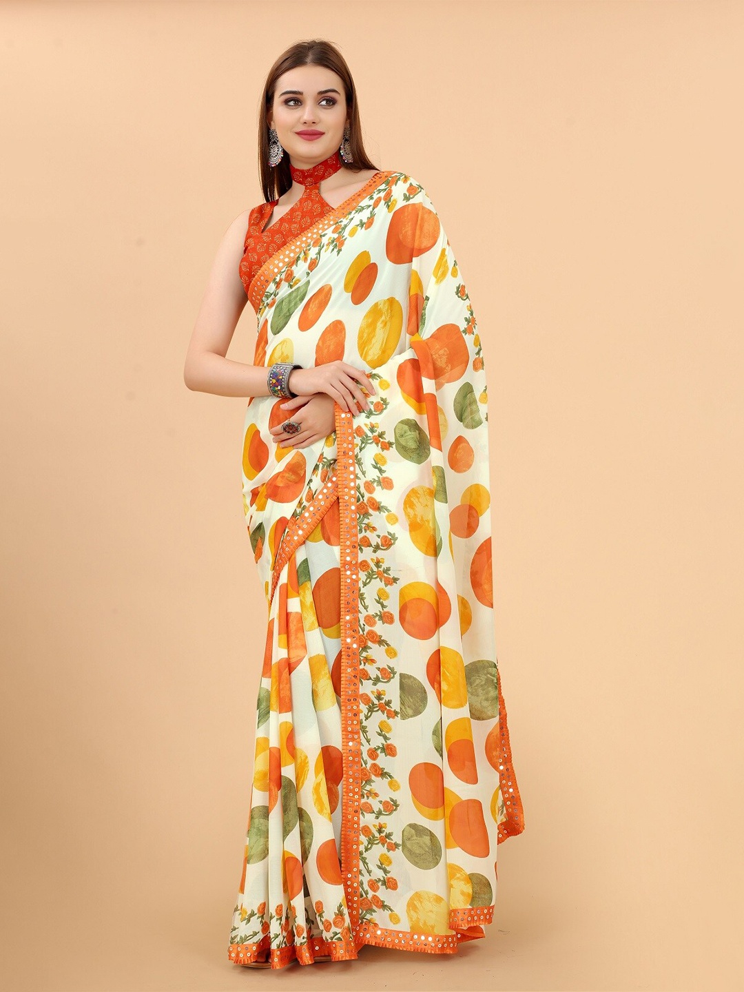 

FASHDEAL Orange & Off White Printed Sequinned Pure Georgette Saree