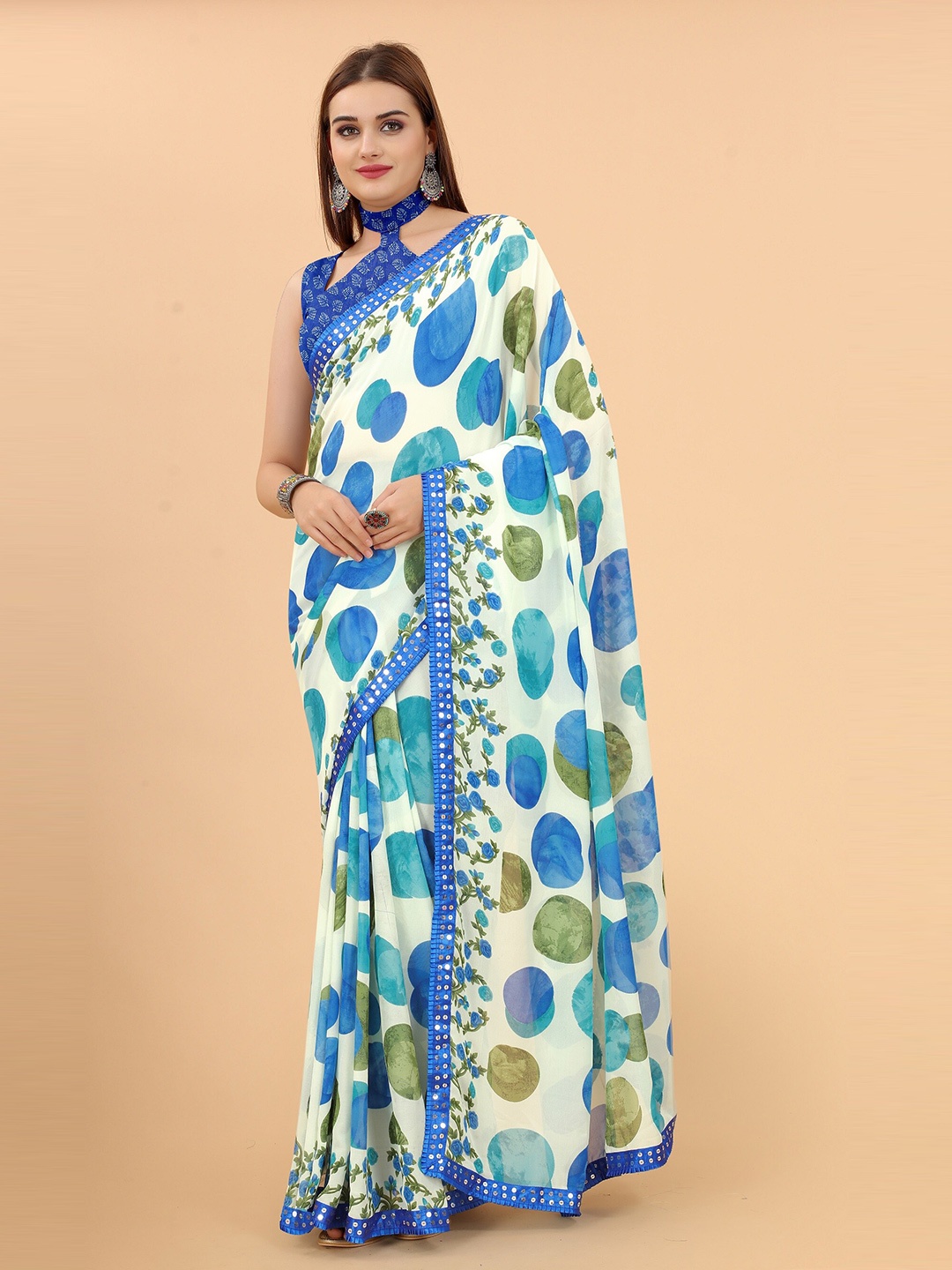 

FASHDEAL Blue & White Printed Pure Georgette Saree