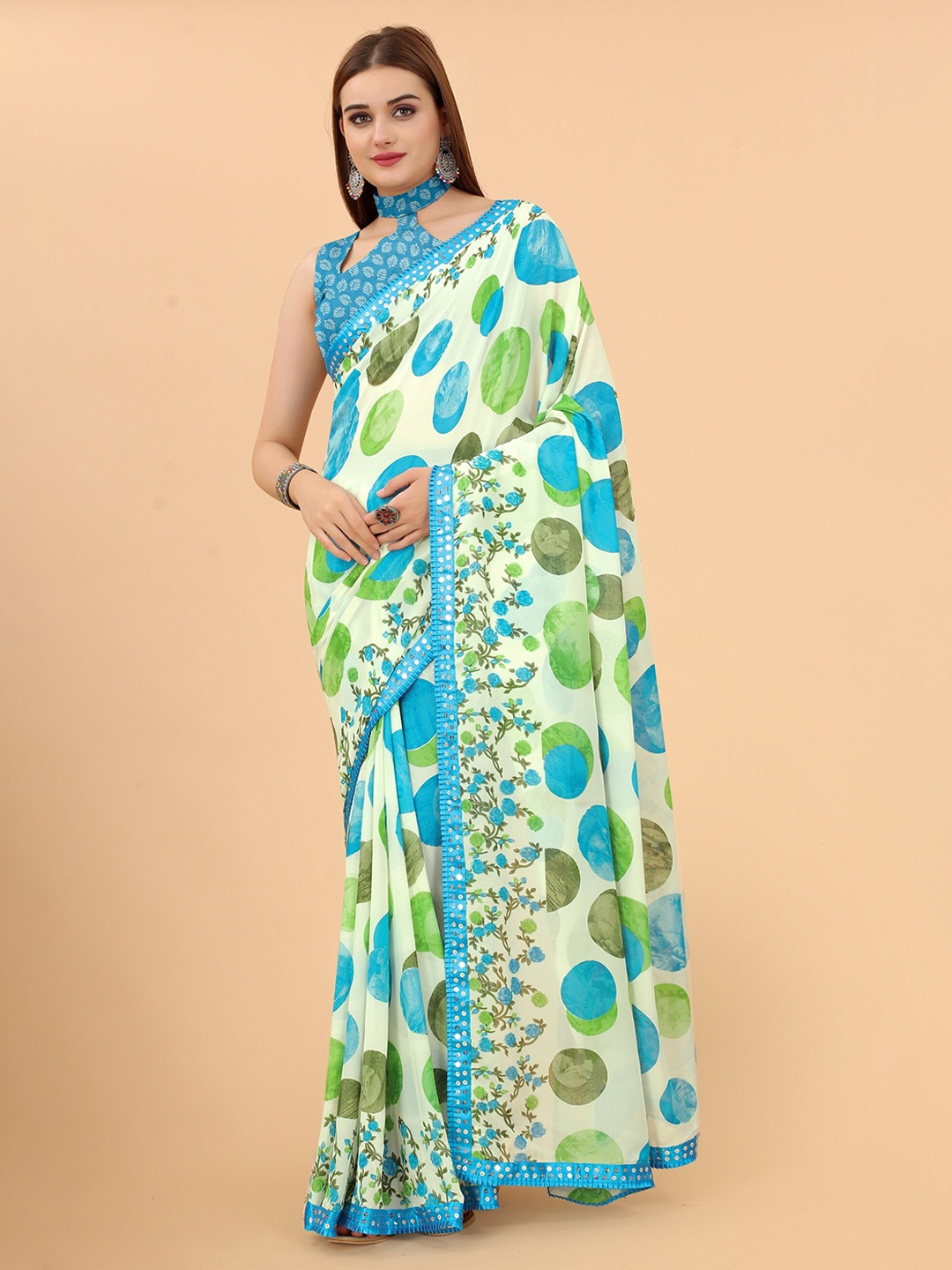 

FASHDEAL Turquoise Blue & Off White Sequinned Pure Georgette Saree