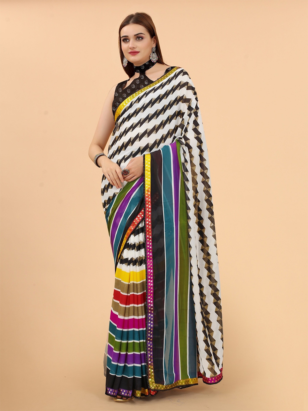 

FASHDEAL White & Black Printed Pure Georgette Saree