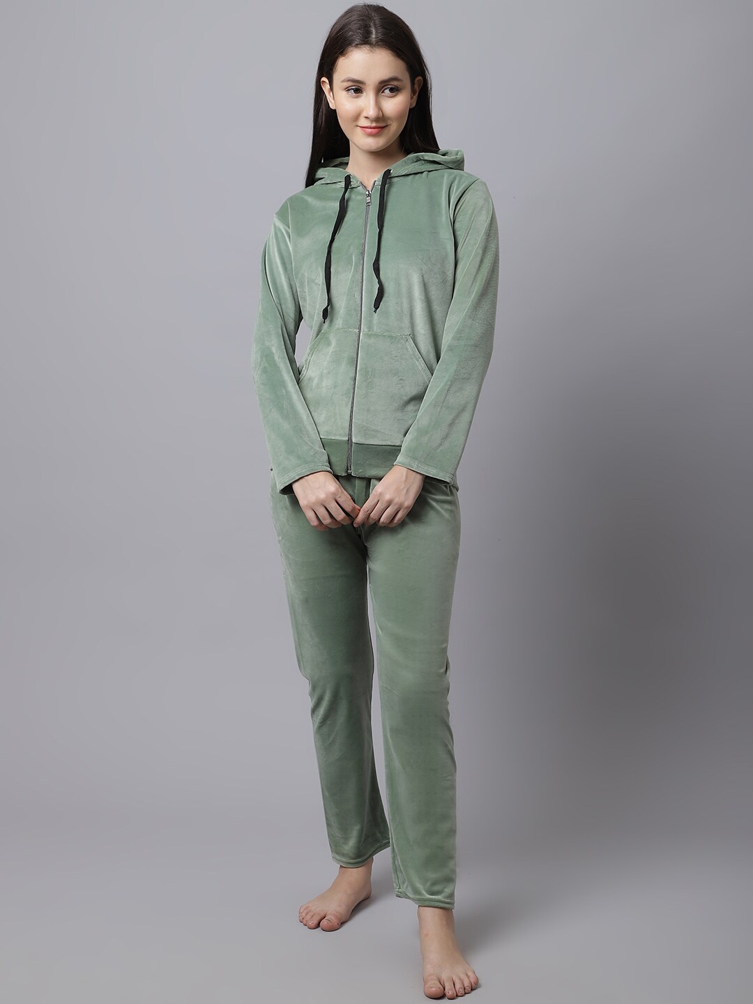 

TAG 7 Women Olive Green Hooded Velvet Night suit