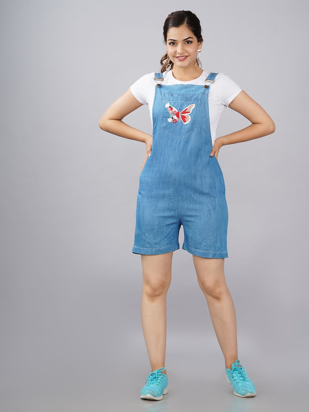 

SUMAVI-FASHION Women Blue Butterfly Linen Denim Pinafore Dress