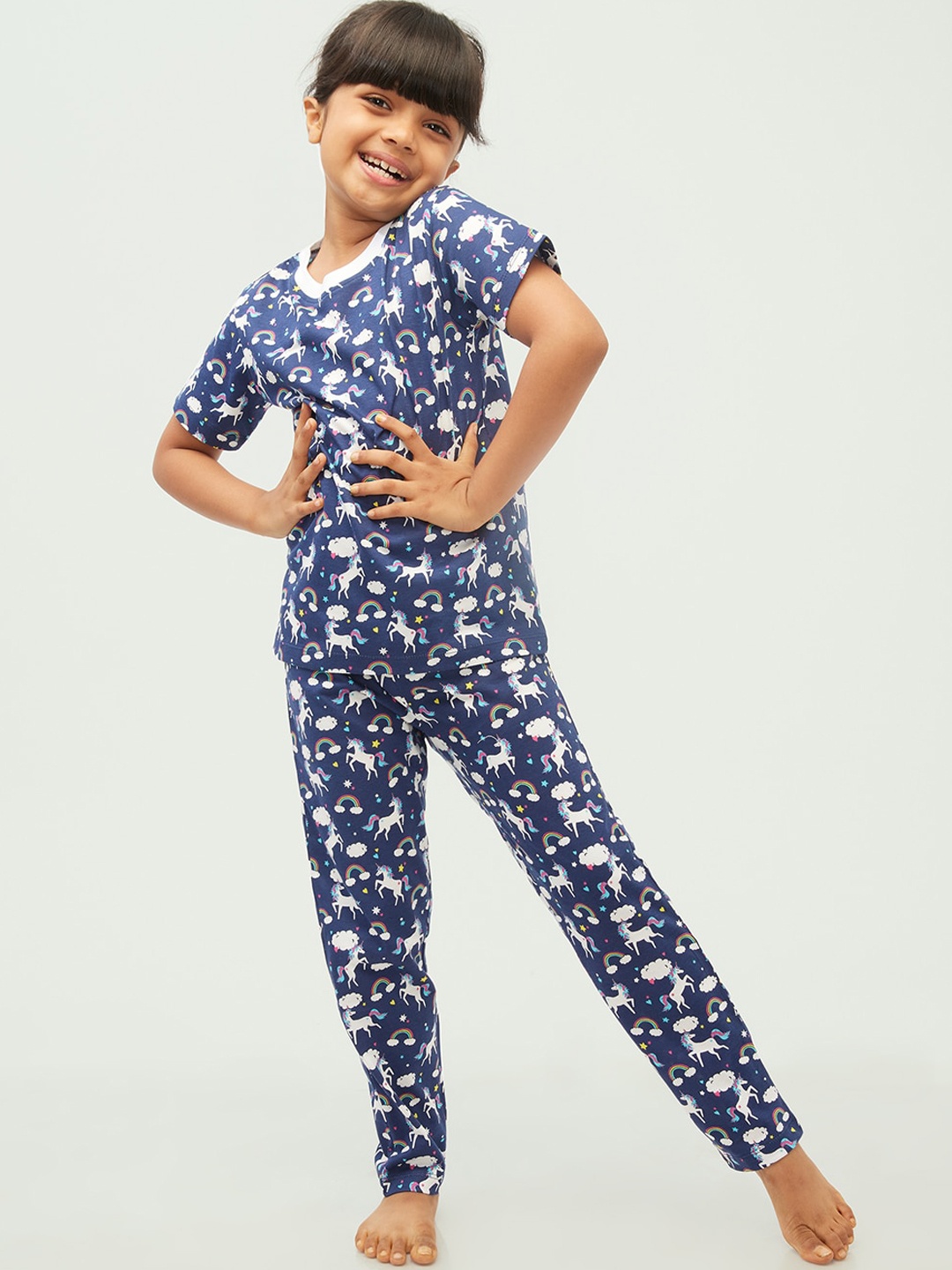 

frangipani Girls Navy Blue & White Unicorn Printed Pure Cotton Night suit