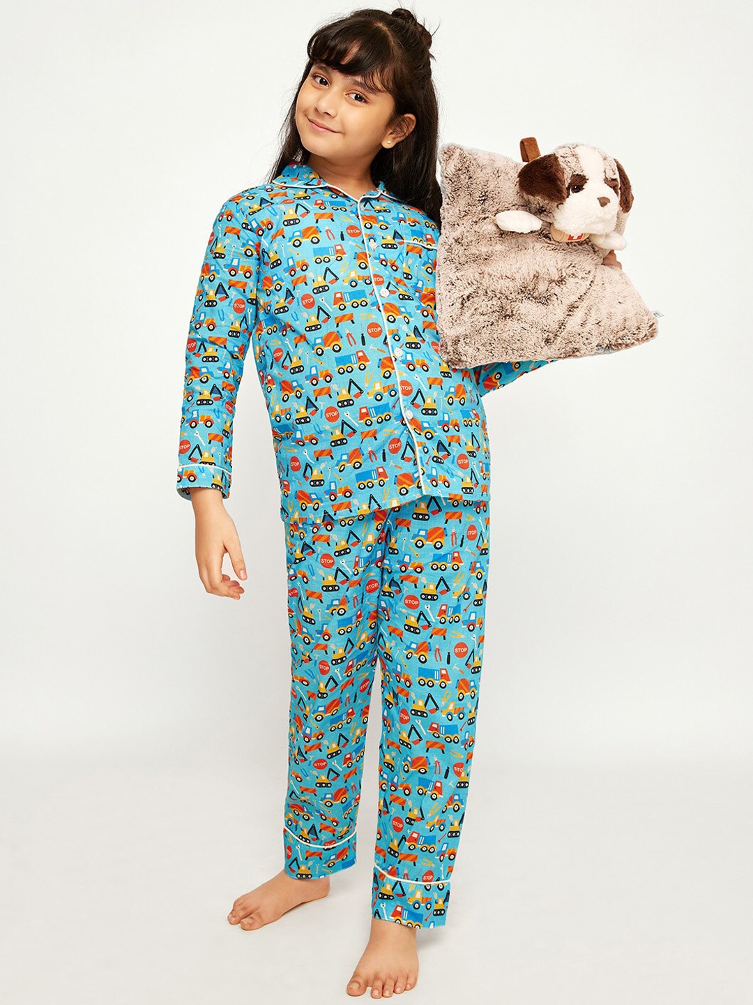 

frangipani Girls Blue & Yellow Printed Pure Cotton Night suit