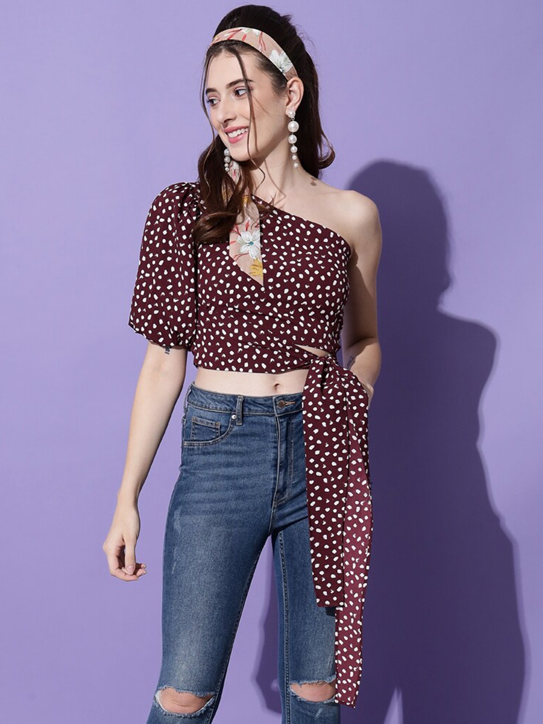 

Trend Arrest Maroon Geometric Print One Shoulder Crop Top