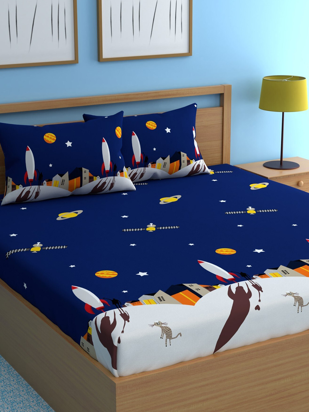 

CHHAVI INDIA Graphic 210 TC Queen Bedsheet with 2 Pillow Covers, Blue