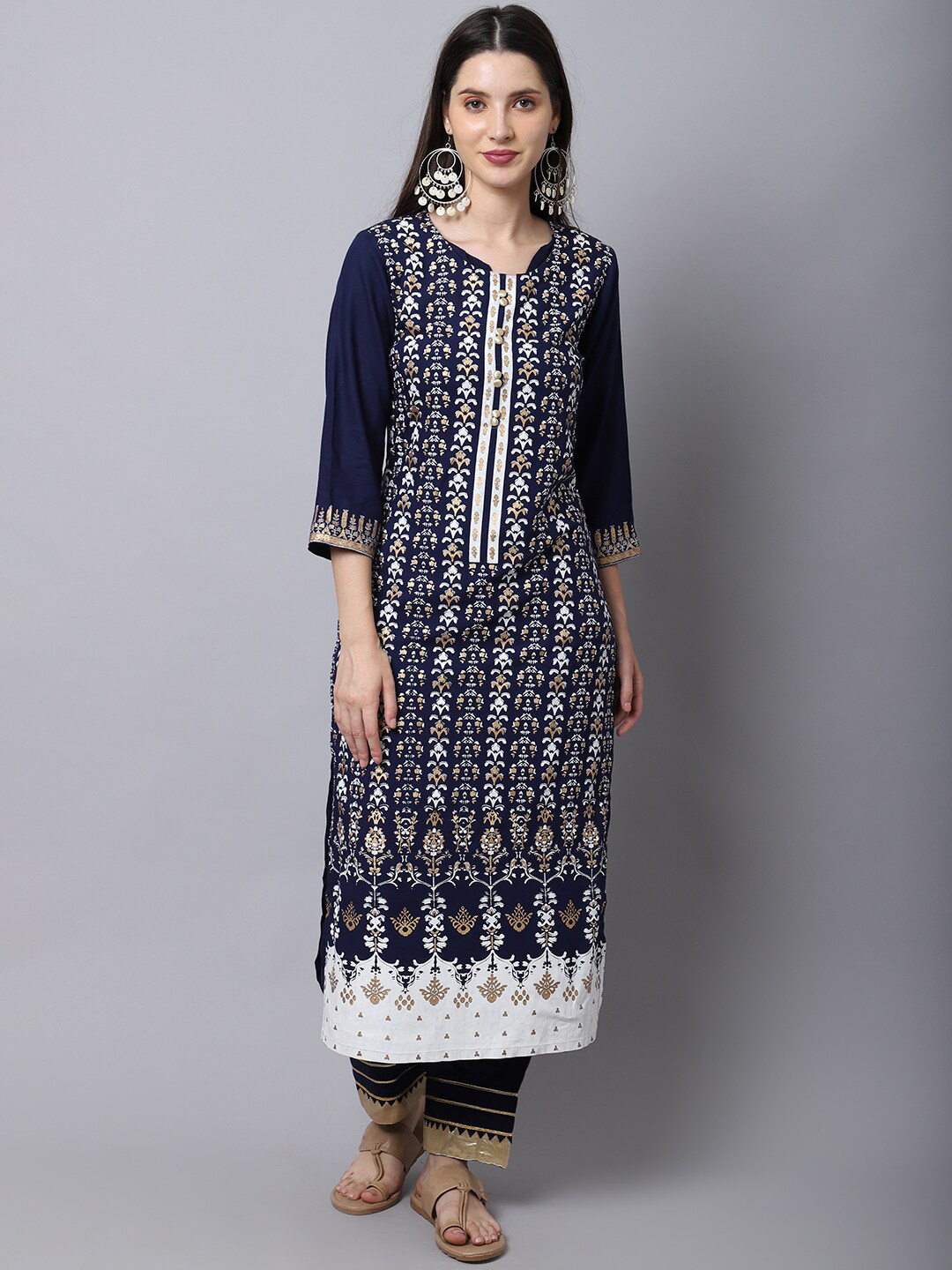 

Tulsattva Women Navy Blue Ethnic Motifs Printed Kurta with Palazzos