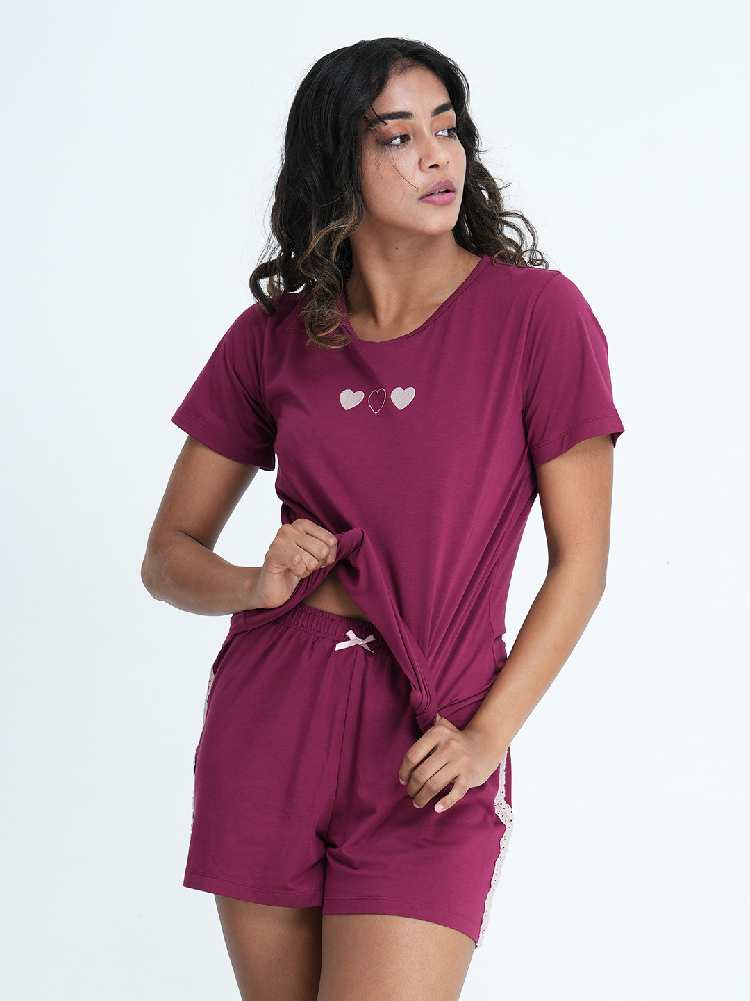 

mackly Women Burgundy Solid Pure Cotton Night suit