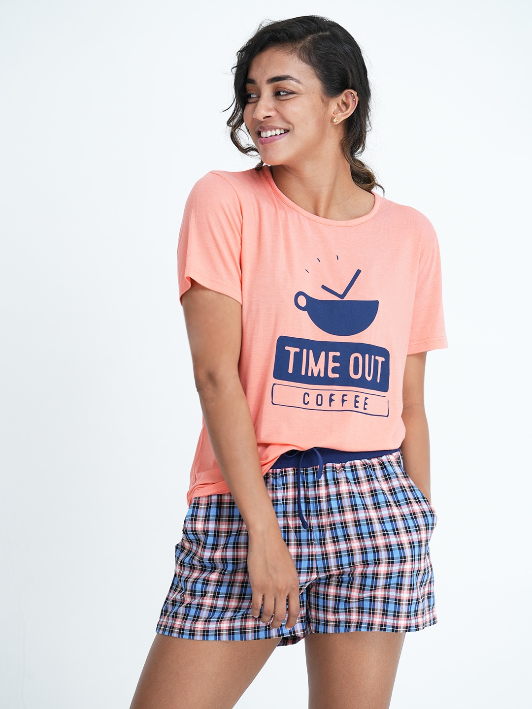 

mackly Women Peach-Coloured & Blue Printed Pure Cotton Night suit