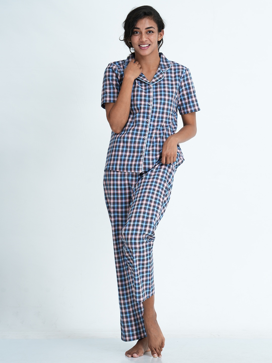 

mackly Set of 2 Women Blue & White Checked Pure Cotton Sleepshirt & Pyjama Night suit