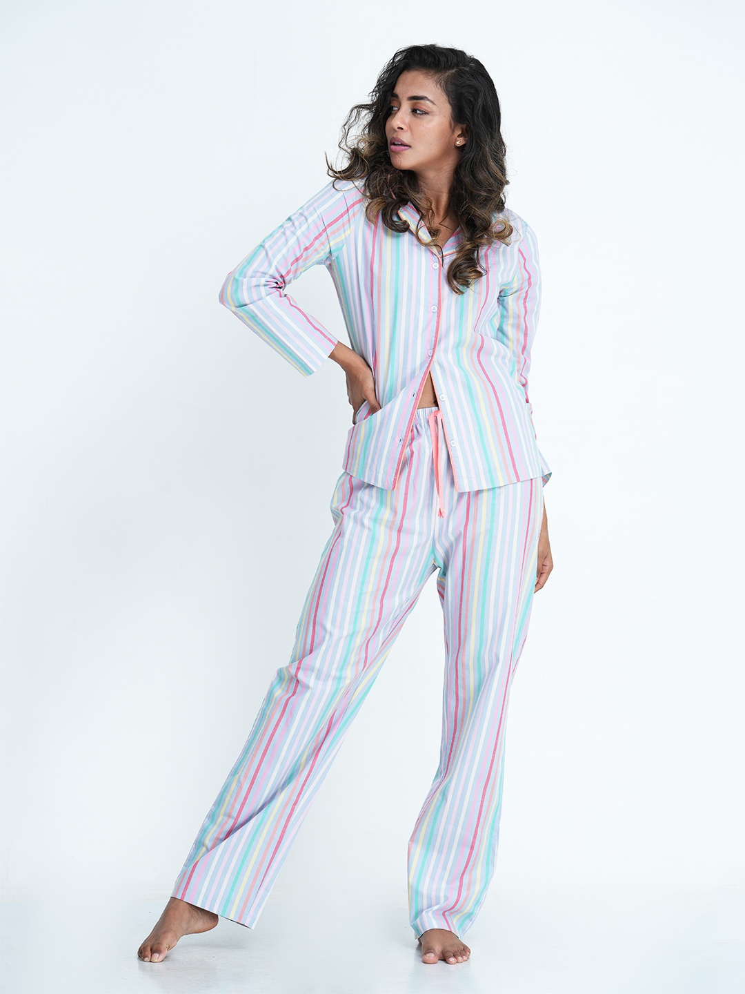 

mackly Women Blue & Pink Striped Pure Cotton Night suit