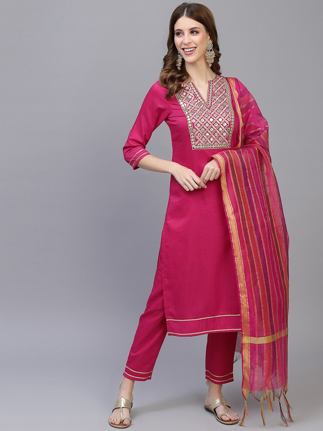 

SKYLEE Women Pink Ethnic Motifs Embroidered Mirror Work Kurta with Trousers & With Dupatta