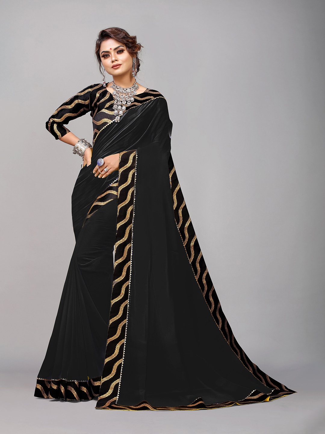 

B4ME COM Black & Gold-Toned Floral Zari Saree