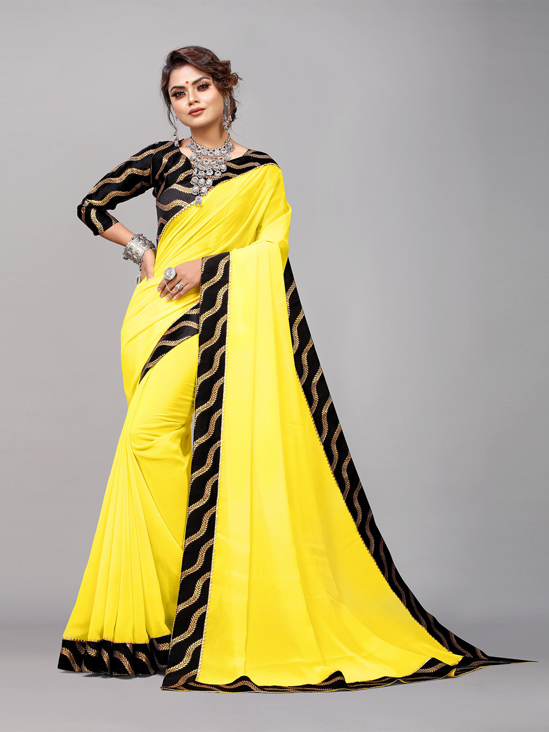 

B4ME COM Yellow & Black Georgette Leheriya Saree