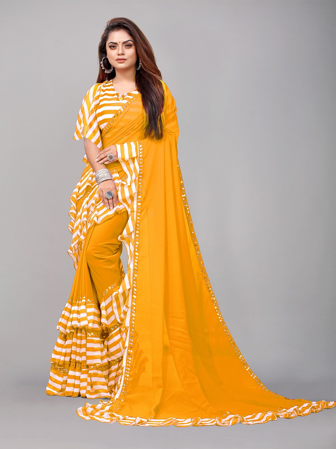 

B4ME.COM Yellow & Off White Pure Georgette Ruffled Saree