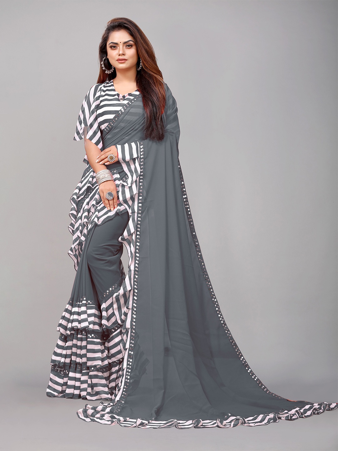 

B4ME COM Grey & White Pure Georgette Ruffled Saree