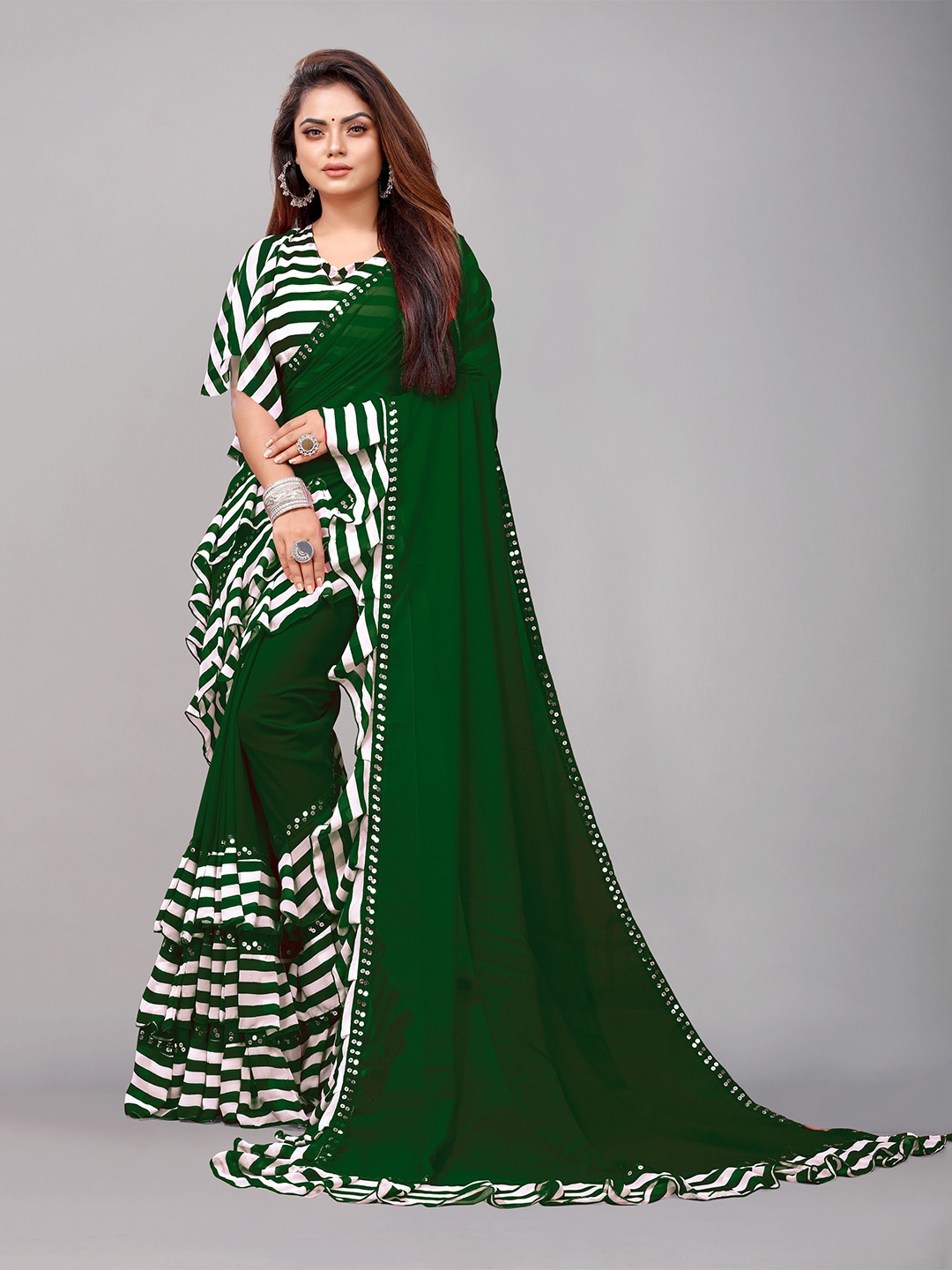 

B4ME COM Green & White Pure Georgette Ruffled Saree