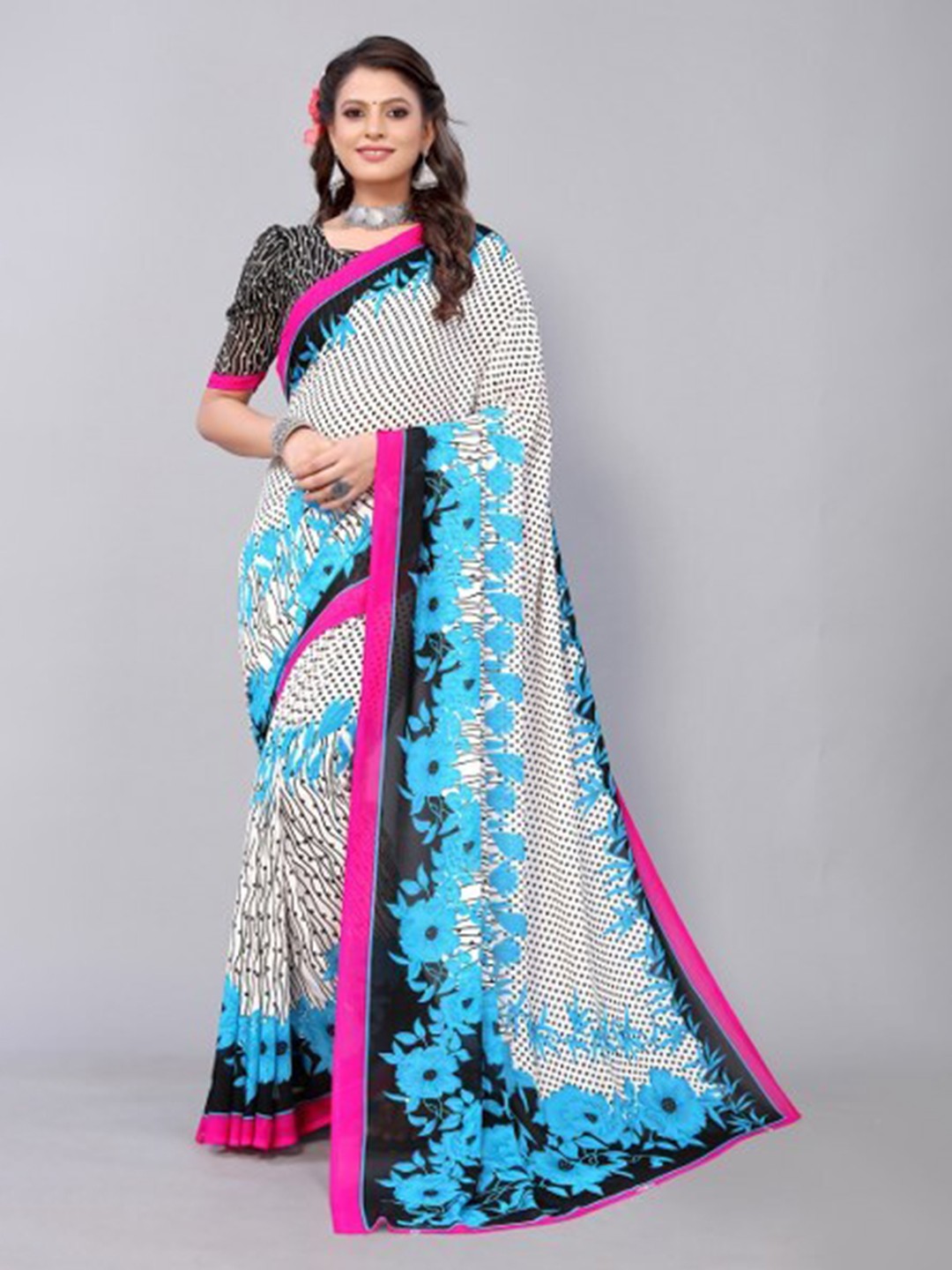 

Yashika White & Pink Floral Saree