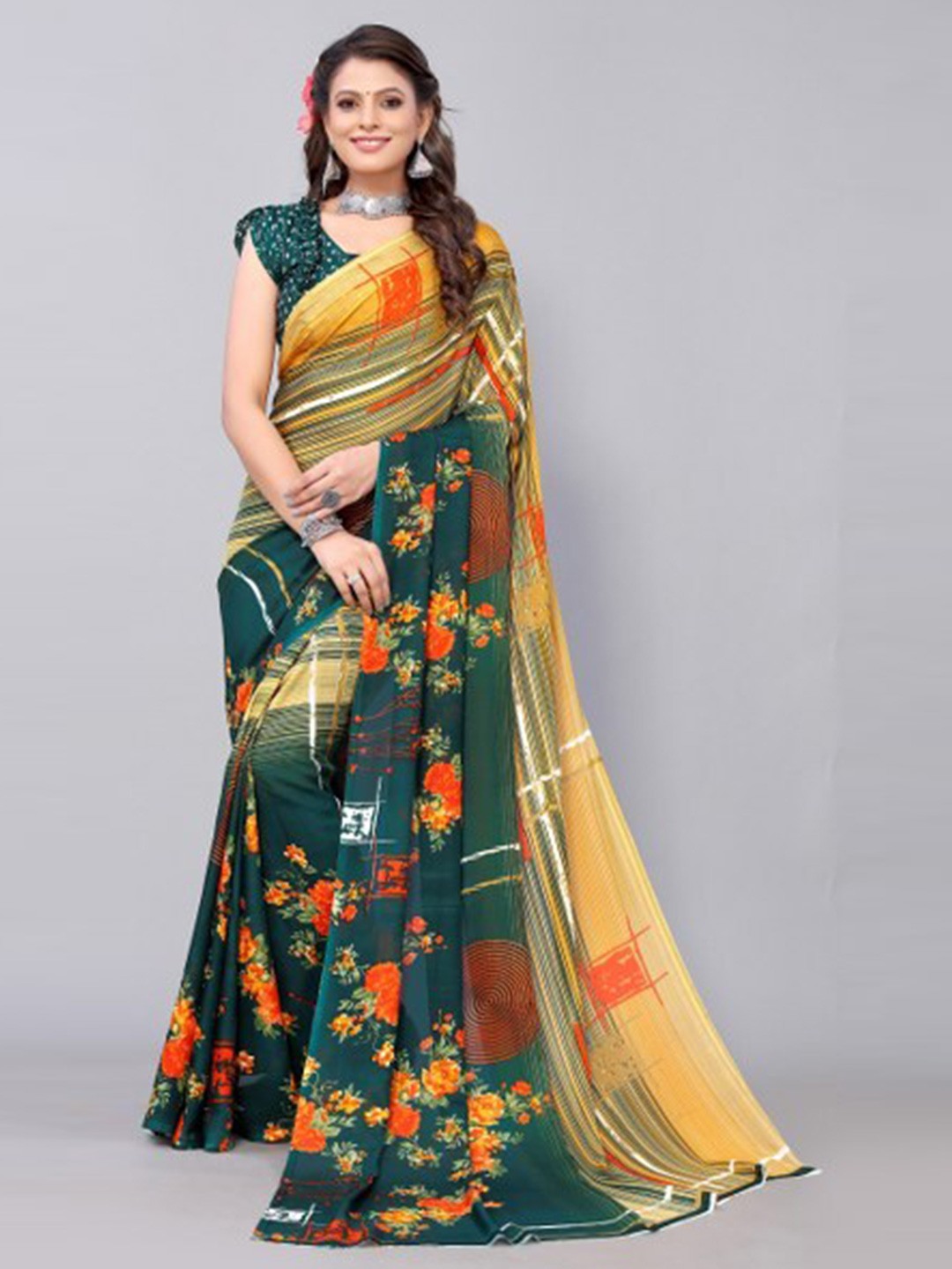 

Yashika Green & Yellow Floral Saree
