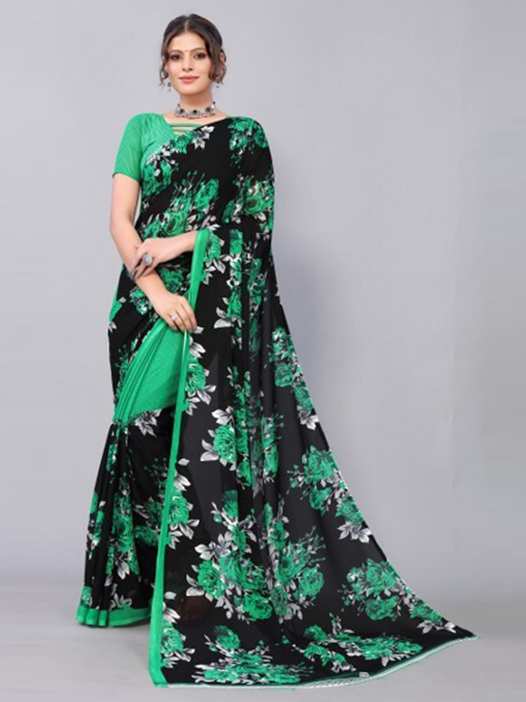 

Yashika Green & Black Floral Saree