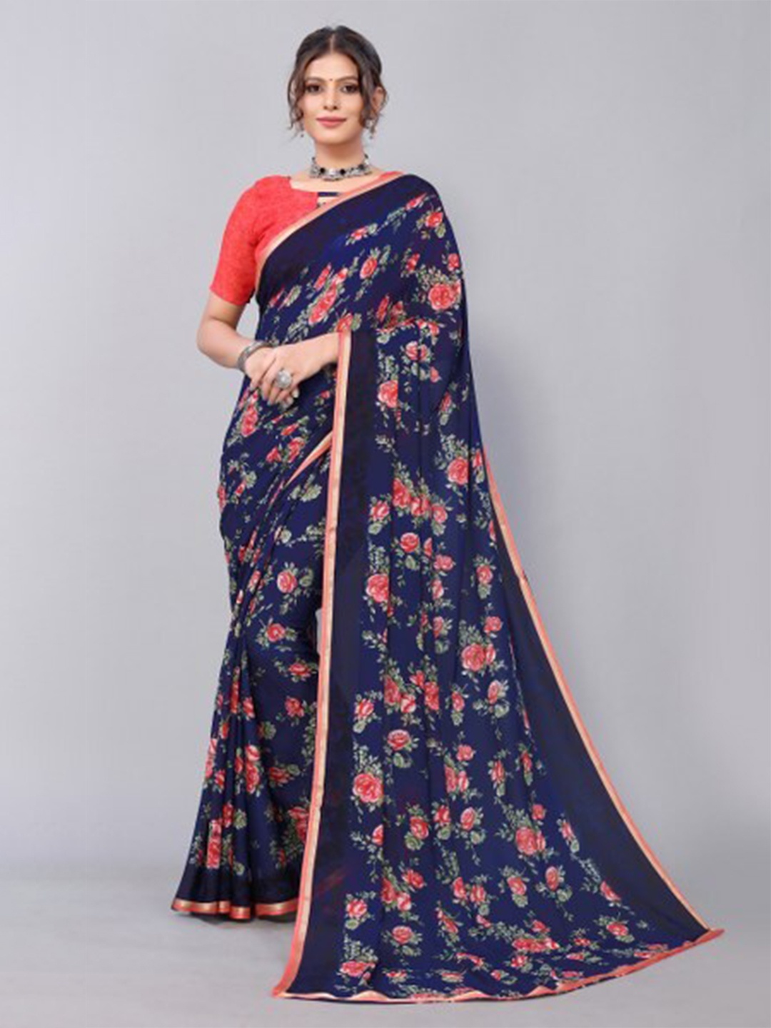 

Yashika Navy Blue & Red Floral Saree