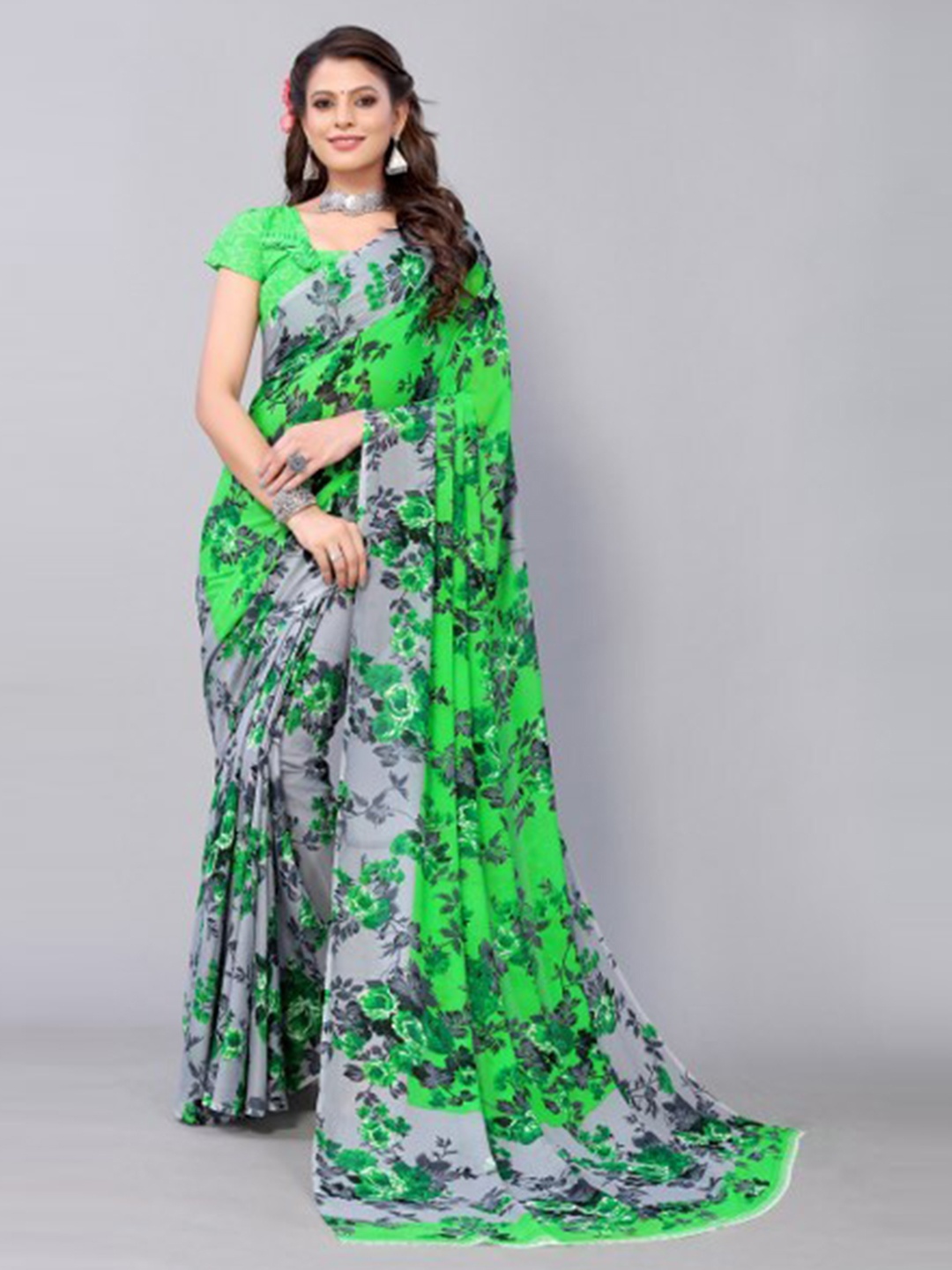 

Yashika Green & Grey Floral Saree